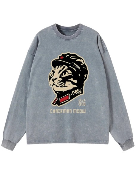 Chinese Spirit Cat Washed Long Sleeve T-Shirt