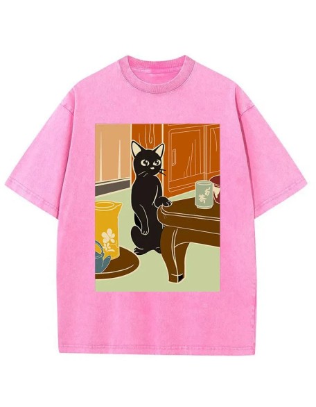 Black Cat and Tea Japanese Washed T-Shirt
