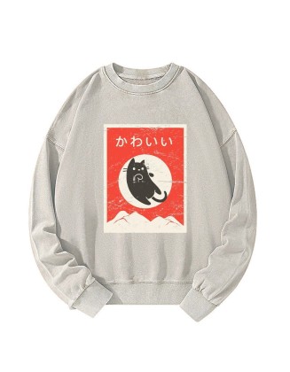 Cute Black Cat Japanese Washed Sweatshirt