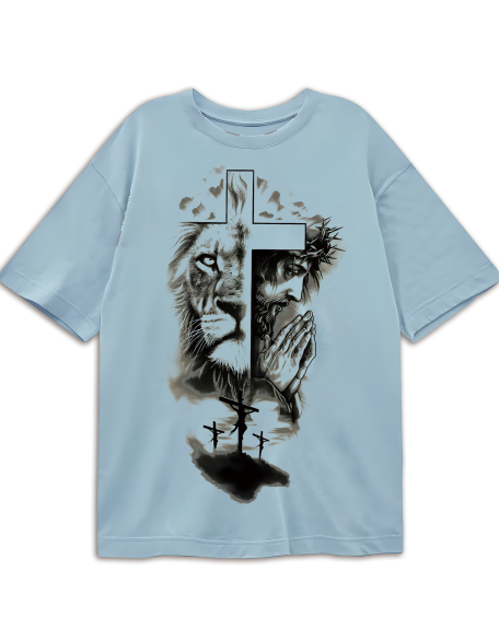 Men's Summer Cross & Lion Print Round Neck Short Sleeve Casual T-Shirt