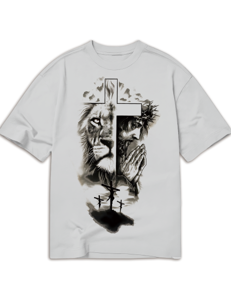 Men's Summer Cross & Lion Print Round Neck Short Sleeve Casual T-Shirt