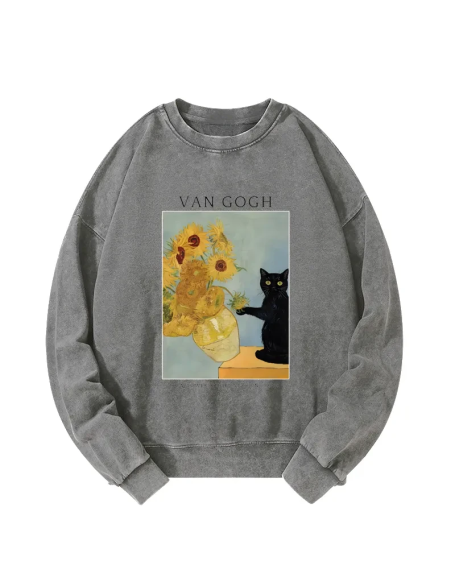 Black Cat With Sunflowers Washed Sweatshirt