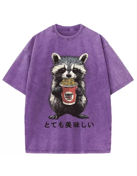 Cute Raccoon Eating Ramen Japanese Washed T-Shirt