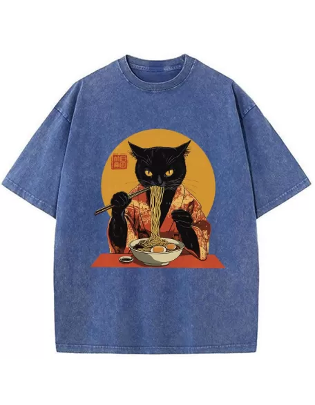 Ramen-obsessed Cat Washed T-Shirt