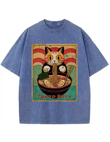 Retro Cat Eating Ramen Japan Washed T-Shirt