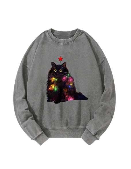 Christmas Lights Cat Washed Sweatshirt