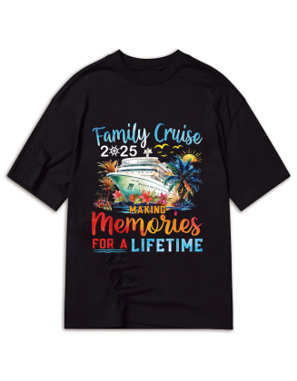 Family Cruise 2025 Cotton T-Shirt  Breathable Round Neck, Casual Tee with Cruise Ship & Tropical Island Print, Perfect for All Seasons, 180G/銕? Machine Washable, Family Gathering Apparel | Casual Style Tee | Durable Fabric, Cruise T Shirts,