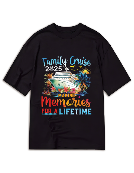 Family Cruise 2025 Cotton T-Shirt  Breathable Round Neck, Casual Tee with Cruise Ship & Tropical Island Print, Perfect for All Seasons, 180G/銕? Machine Washable, Family Gathering Apparel | Casual Style Tee | Durable Fabric, Cruise T Shirts,