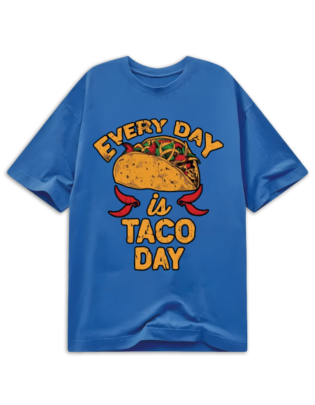 Every Day is Taco Day Print T-Shirt, Casual Short Sleeve Crew Neck Top, Polyester Elastane Blend, Regular Fit, Tribal Pattern, All Season, Women'S Clothing