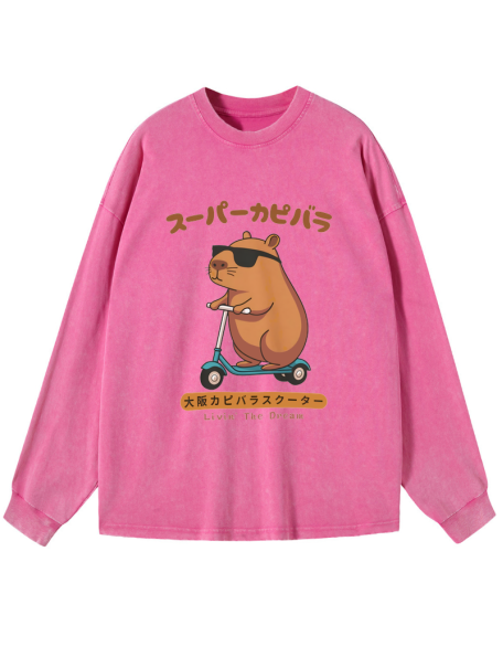Osaka Capybara Scooter Washed Long Sleeve T-Shirt