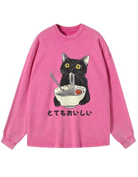 Cats Eat Ramen Noodles Washed Long Sleeve T-Shirt