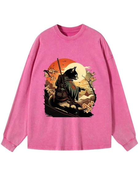 Cat Ninja Ukiyo-e Anime Style Samurai Washed Long Sleeve T-Shirt