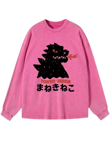 Japanese Fortune Cat Washed Long Sleeve T-Shirt