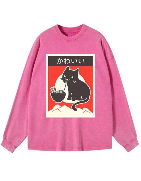 "Kawaii" Vintage Style Japenese Ramen Cat Washed Long Sleeve T-Shirt