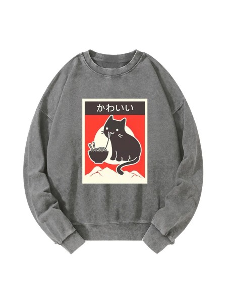 "Kawaii" Vintage Style Japenese Ramen Cat Washed Sweatshirt