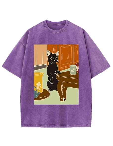 Black Cat and Tea Japanese Washed T-Shirt