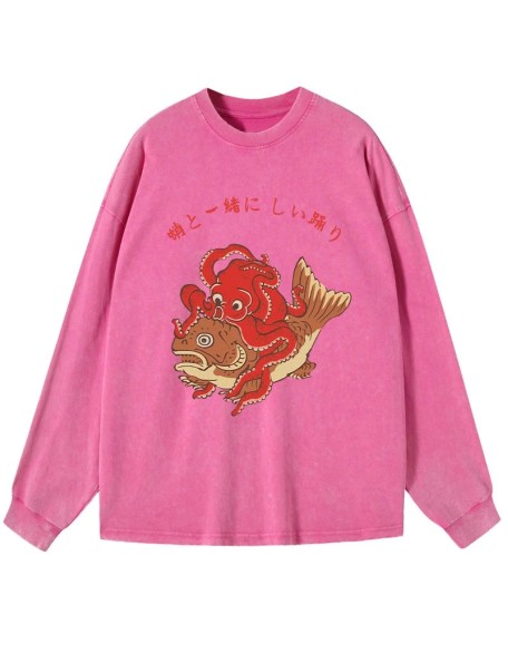Octopus And Koi Dance Together Washed Long Sleeve T-Shirt