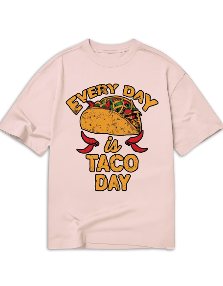 Every Day is Taco Day Print T-Shirt, Casual Short Sleeve Crew Neck Top, Polyester Elastane Blend, Regular Fit, Tribal Pattern, All Season, Women'S Clothing