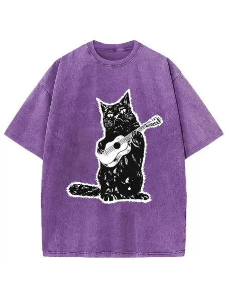 Cat Playing Guitar Washed T-Shirt