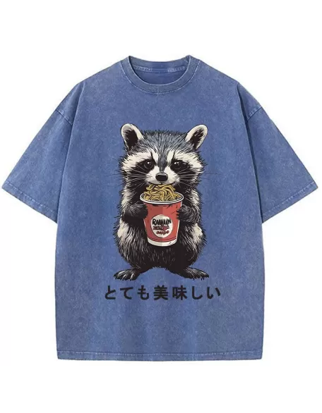 Cute Raccoon Eating Ramen Japanese Washed T-Shirt