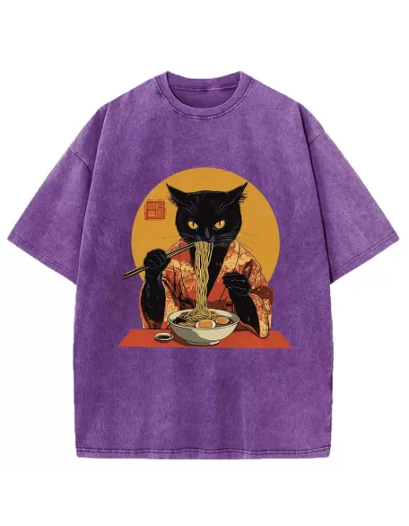 Ramen-obsessed Cat Washed T-Shirt