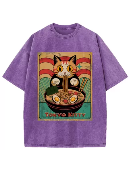 Retro Cat Eating Ramen Japan Washed T-Shirt