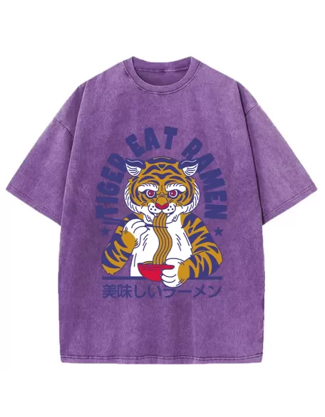 Funny Tiger Eating Ramen Washed T-Shirt