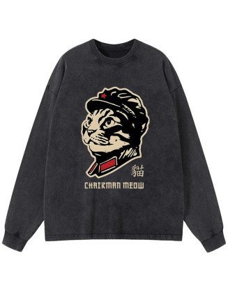 Chinese Spirit Cat Washed Long Sleeve T-Shirt