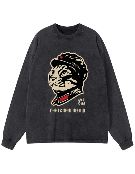 Chinese Spirit Cat Washed Long Sleeve T-Shirt