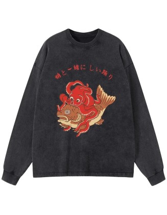 Octopus And Koi Dance Together Washed Long Sleeve T-Shirt