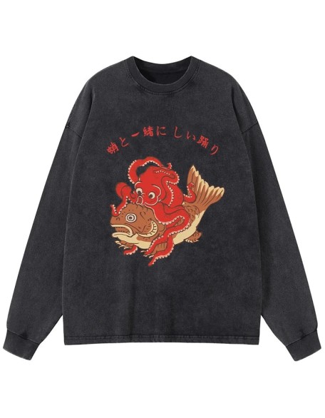 Octopus And Koi Dance Together Washed Long Sleeve T-Shirt