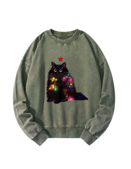 Christmas Lights Cat Washed Sweatshirt