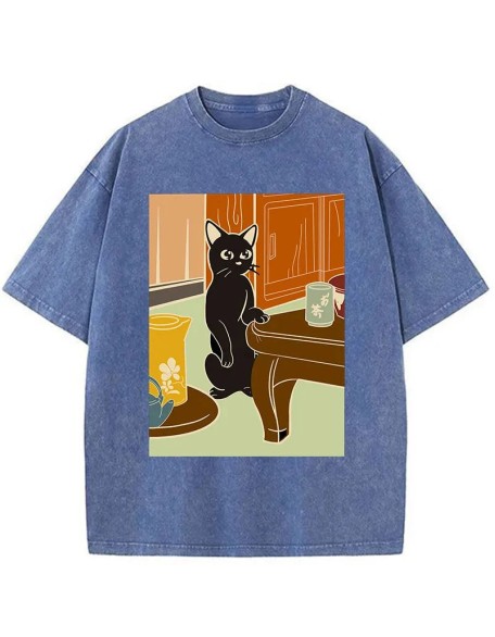 Black Cat and Tea Japanese Washed T-Shirt