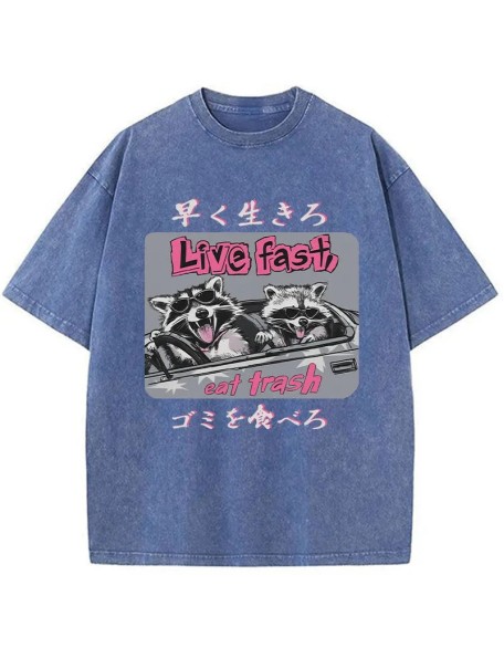 Live Fast Eat Trash Raccoon Japanese Washed T-Shirt