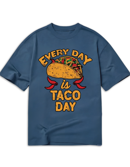 Every Day is Taco Day Print T-Shirt, Casual Short Sleeve Crew Neck Top, Polyester Elastane Blend, Regular Fit, Tribal Pattern, All Season, Women'S Clothing