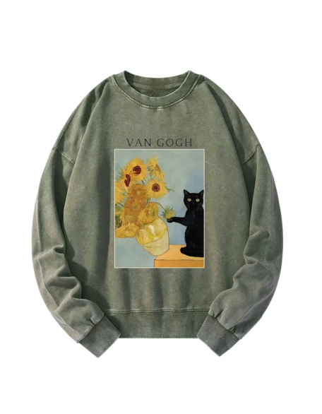 Black Cat With Sunflowers Washed Sweatshirt