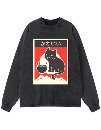 "Kawaii" Vintage Style Japenese Ramen Cat Washed Long Sleeve T-Shirt