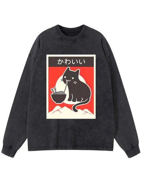 "Kawaii" Vintage Style Japenese Ramen Cat Washed Long Sleeve T-Shirt