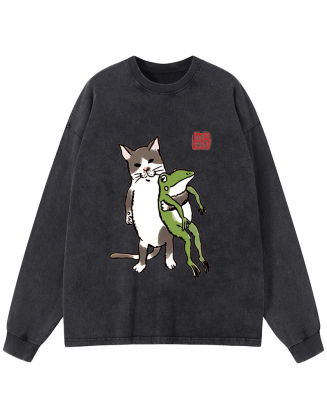 Cat Holding A Frog Washed Long Sleeve T-Shirt
