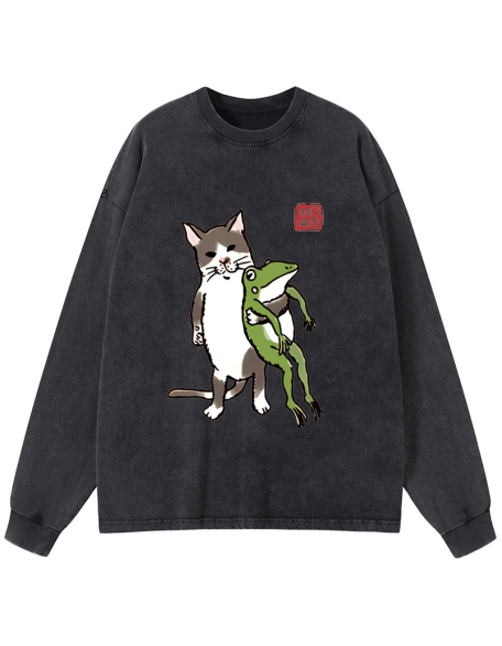 Cat Holding A Frog Washed Long Sleeve T-Shirt