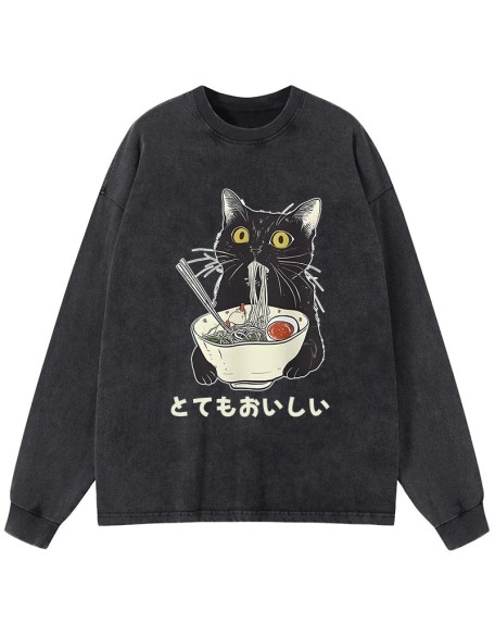 Cats Eat Ramen Noodles Washed Long Sleeve T-Shirt