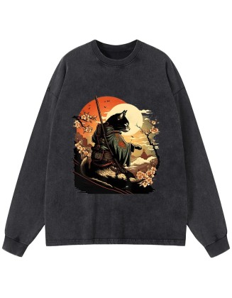 Cat Ninja Ukiyo-e Anime Style Samurai Washed Long Sleeve T-Shirt