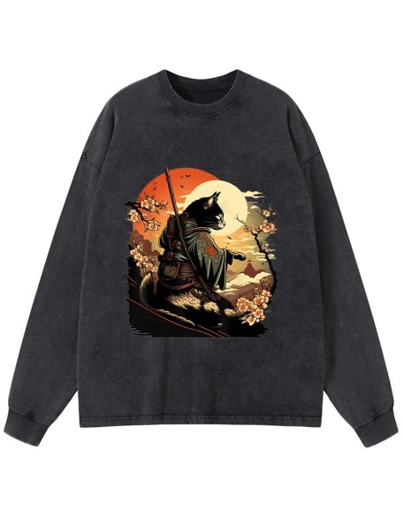 Cat Ninja Ukiyo-e Anime Style Samurai Washed Long Sleeve T-Shirt