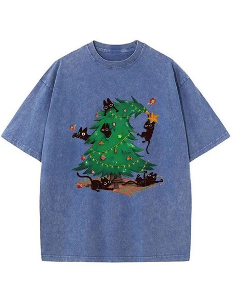 Cat Hiding In The Christmas Tree Washed T-Shirt