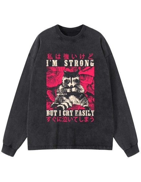 I Am Strong Raccoon Washed Long Sleeve T-Shirt