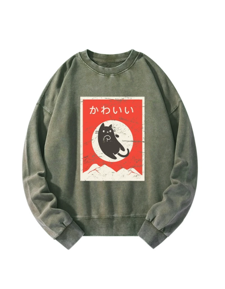 Cute Black Cat Japanese Washed Sweatshirt