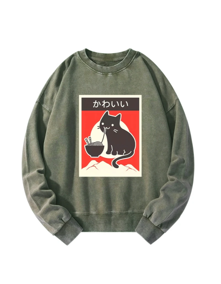 "Kawaii" Vintage Style Japenese Ramen Cat Washed Sweatshirt