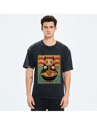 Retro Cat Eating Ramen Japan Washed T-Shirt