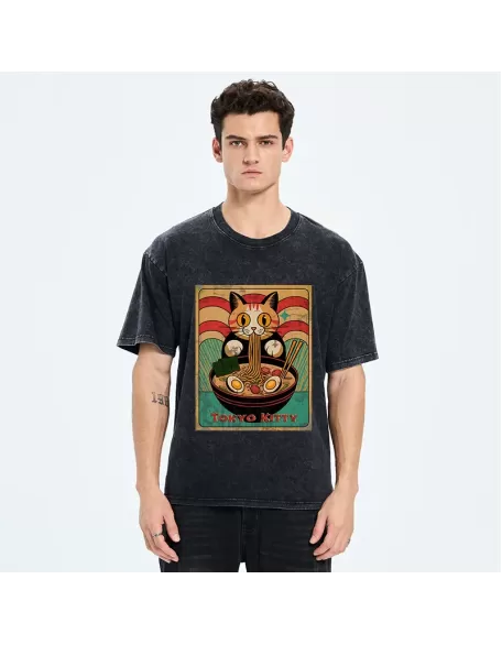 Retro Cat Eating Ramen Japan Washed T-Shirt