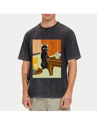 Black Cat and Tea Japanese Washed T-Shirt